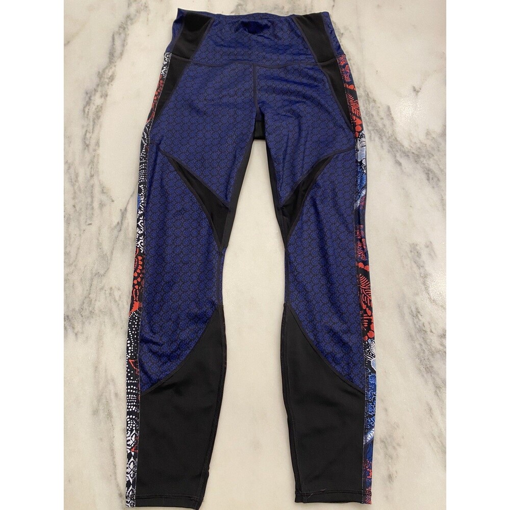 Athleta Salutation Mesh Blue Orange White Geometric Leggings Small